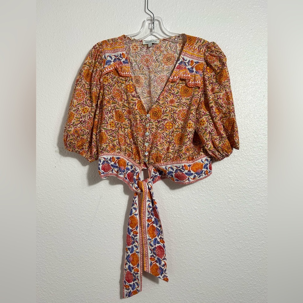 Rachel Zoe Cropped Boho V-front Tie-Front Floral Linen Top‎ Orange & Purple - Picture 6 of 14